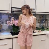 Bộ đồ ngủ pijama áo ba lỗ kẻ caro quần ngắn vải đũi thoáng mát màu sắc mùa hè Bơ bán đồ ngủ