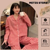 Bộ đồ ngủ pijama cotton dài tay họa tiết kẻ phong cách Hàn Quốc