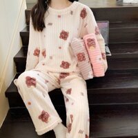 Bộ Đồ Ngủ Pijama Giữ Ấm  Vải Lông Mềm Mại Tay Dài Quần Dài