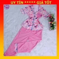 Bộ đồ ngủ pijama lụa phối quần dài tay ngắn màu hồng ngọt ngào hàng đẹp chuẩn