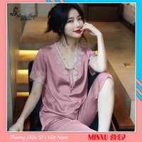 Bộ đồ ngủ pijama nữ, bộ mặc nhà quần lửng mùa hè vải lụa ngắn tay, cổ chữ V phối ren quyến rũ, phong cách ngọt ngào PN