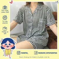 Bộ đồ ngủ pijama tay ngắn caro đen phong cách Hàn Quốc giá rẻ