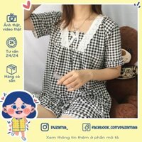 Bộ đồ ngủ pijama tay ngắn cổ nơ tiểu thư caro đen giá rẻ