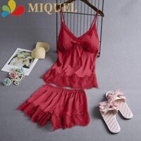 Bộ đồ ngủ ren MIQUEL, Quần short yếm mỏng không tay Đồ ngủ, Thời trang mặc tại nhà Bộ đồ ngủ bằng lụa Satin nơ cho nữ