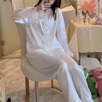 Bộ Đồ Ngủ Satin Ice Silk plus size Nữ Đồ Ngủ Xuân Thu Dài Tay Phong Cách Hàn Quốc Mặc Nhà Mùa Hè Rời Mỏng Dễ Thương Hai Mảnh Bộ Đồ Ngủ
