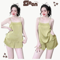 Bộ Đồ Ngủ SOON Bộ Mặc Nhà Áo 2 Dây Cột Eo, Quần Đùi Có Túi Lụa Latin Mềm Mịn 40-60kg