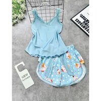 Bộ đồ ngủ thương hiệu la-tim quần đùi áo sát nách lụa phối ren cao cấp L001