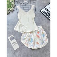 Bộ đồ ngủ thương hiệu la-tim quần đùi áo sát nách lụa phối ren cao cấp L001