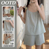 Bộ đồ ngủ thường ngày Bộ hai chiếc quần short mặc nhà cho nữ áo hai dây dễ thương ngọt ngào hoa mùa hè kẻ sọc