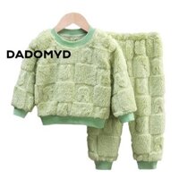 Bộ đồ ngủ trẻ em DADOMYD, Bộ đồ ngủ mặt bích mùa thu đông giữ nhiệt màu trơn, Áo + quần dày sang trọng thoải mái kiểu Hàn Quốc