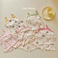 Bộ đồ ngủ trẻ em mẫu mới 2024 mùa hè cotton pha trộn cô gái áo yếm quần short Bộ đồ mặc nhà cho bé gái