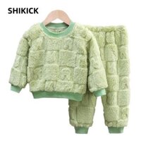Bộ đồ ngủ trẻ em SHIKICK, Bộ đồ ngủ mặt bích dày dặn sang trọng màu trơn mùa thu đông, Áo giữ nhiệt thoải mái Hàn Quốc + Quần