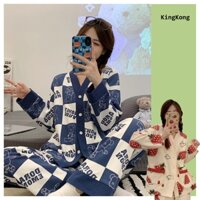 Bộ Đồ Ngủ Vải Cotton Tay Dài Dáng Rộng Cài Nút Kiểu Kimono Nhật Bản Thời Trang Mùa Đông Cho Nữ