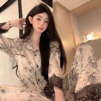 Bộ đồ ngủ vẽ tranh mực ngọt ngào dành cho nữ Quần dài tay Học sinh có thể mặc bên ngoài Bộ đồ mặc nhà Phiên bản chất lượng cao