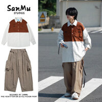 Bộ Đồ Nhật Bản Ghép Màu Tương Phản Trang Phục Công Sở Áo Sơ Mi Quần Ống Rộng Túi i