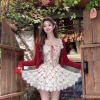 Bộ đồ nữ 2024 xuân hè mới phong cách Nhật Bản áo khoác cardigan dài tay đan hoa đầm hai mảnh