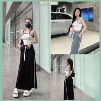 Bộ Đồ Nữ Áo Body Nữ 2 Dây Chạy Viền Mix Chân Váy Dáng Dài Kẻ Sọc Freesize