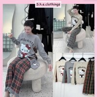 Bộ Đồ Nữ Áo Len Thỏ Hello Kitty May Can Phối Vải Kẻ Caro Mix Quần Dài Suông Rộng Viền Bèo Ren Gấu Freesize