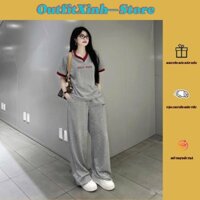 Bộ Đồ Nữ Áo Thun Cổ Tim Phối Chữ Trước Ngực Kèm Quần Suông Ống Rộng – Phông Cách & Thời Thượng
