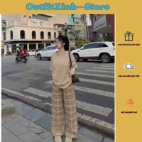 Bộ Đồ Nữ Áó Thun Phối Viền Tay Kèm Quần Suông Caro Ống Rộng - Năng Động & Cá Tính