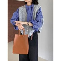 Bộ đồ nữ Áo Vest màu xám dệt kim thời trang sang trọng + áo sơ mi dài tay kẻ sọc Bộ hai mảnh