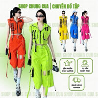 Bộ đồ nữ, bộ đồ bộ tập quần lửng chất kaki mix áo kaki 3 lỗ kéo khoá , aerobic, zumba, dân vũ