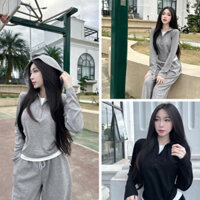 "Bộ Đồ Nữ Cao Cấp – Set Áo Croptop Dài Tay Có Mũ Phối Quần Ống Rộng Dây Rút – Phong Cách Trẻ Trung, Thời Thượng",