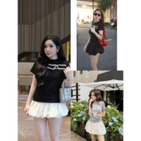 Bộ đồ nữ cao cấp VAN MOGAN – Áo đen nơ phối chân váy trắng bồng bềnh cực xinh TA03