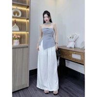 Bộ đồ nữ chất đũi vân mây, áo cúp ngực kèm phụ kiện mix quần dài ống rộng cho chị em thanh lịch và sang chảnh.