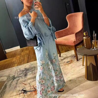 Bộ đồ nữ cotton và vải lanh dài tay cổ tròn in hình quần ống rộng