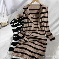 Bộ đồ nữ kích thước lớn, bộ đan len phong cách Hàn Quốc, áo khoác cardigan + đầm camisole ôm sát, bộ hai mảnh sọc màu sắc cho phụ nữ