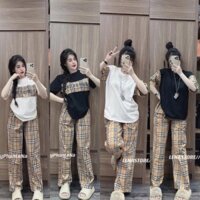 Bộ đồ nữ mặc nhà áo thun cộc tay kẻ caro quần dài ống rộng thời trang hàn quôc