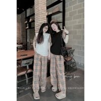 Bộ đồ nữ mặc nhà áo thun phối tay kẻ caro quần ống rộng siêu nổi nật thời trang hàn quốc