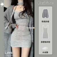 Bộ Đồ Nữ Mẫu Mới Thu Đông Áo Len Phong Cách Lười, Áo Khoác Cardigan Váy Dệt Kim Thuần Khiết Váy Ôm Mông Tôn Dáng