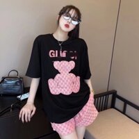 Bộ đồ nữ mùa hè 2022 mẫu mới full in gấu hoa cổ tròn rời tay ngắn+quần lửng