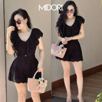 Bộ đồ nữ mùa hè chất ren thô cao cấp BS04, Set đồ nữ áo cổ tim + quần đùi cao cấp mặc đi du lịch