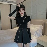 Bộ Đồ Nữ Mùa Hè Phong Cách Bóng Tối Sành Điệu Mát Mẻ Khóa Kéo Áo Phông Ngắn Tay Chân Váy Xếp Ly Cạp Cao Bộ Đồ Hai Chiếc