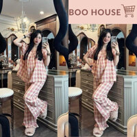 Bộ đồ nữ pijama áo cộc tay mix quần dài phối bèo Boo House, bộ mặc nhà kẻ caro hồng chất cotton mát HCOM2436