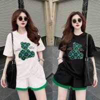 Bộ đồ nữ quần đùi ngắn áo thun cotton 100 form rộng thêu hình gấu, bộ đồ thể thao đi chơi, bộ đồ mặc ở nhà siêu xinh - Đen,L