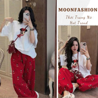 Bộ đồ nữ , sét áo thun cotton in hình Mickey phối quần nỉ dễ thương thoả mái dạo phố đi chơi mang hoạ tiết dễ thương M12