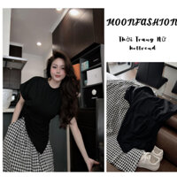 Bộ đồ nữ sét áo thun đen basic phối chân váy maxi kẻ caro dáng dài phong cách Hàn Quốc