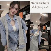 Bộ Đồ nữ Set Bộ Váy Dài Kèm Áo Sơ Mi kẻ Form Rộng mĩ khăn choàng cổ Phong Cách Hàn Quốc Thanh Lịch