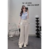 Bộ đồ nữ sơ mi sọc ngắn tay kèm quần dài ống suông phong cách công sở sang trọng