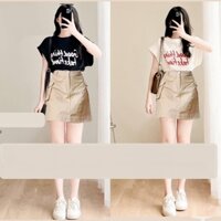 Bộ đồ nữ SunStore chân váy chữ A túi hộp phối áo thun tay cánh dơi  Chất kaki dày, nhiều size đến 68kg