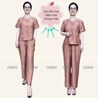Bộ đồ nữ trung niên OBBM Store, đồ bộ mặc nhà cho mẹ đũi tằm hoa mềm mát không nhăn.ms543 bộ đũi hoa