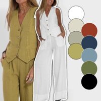 Bộ đồ nữ vải lanh Cotton 2 chiếc Áo khoác mùa hè Bộ áo Vest và quần ống rộng Trang phục công sở thông thường Bộ đồ và quần dài