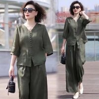 Bộ Đồ Nữ Vải Lanh Cotton 2024 Phong Cách Mới Mùa Hè Thường Ngày Phiên Bản Hàn Quốc Cổ Áo Mẹ Trung Niên Nhìn Quần Dài Hai @ -