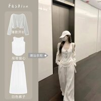 Bộ Đồ Phong Cách, Áo Hai Dây Màu Trắng Hàn Quốc Mùa Hè Cho Nữ, Quần Ống Rộng Chống Nắng Ba Chiếc