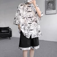 Bộ đồ phong cách dân tộc Trung Quốc cho nam, trang phục bãi biển mát mẻ và đẹp trai, áo ngắn tay rộng rãi và quần short cho nam/3.19