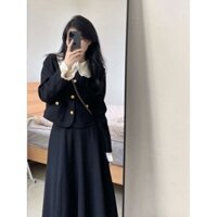 Bộ đồ phong cách Hepburn Xiaoxiang thanh lịch mẫu mới mùa thu, Áo khoác giả hai mảnh màu đối lập đen trắng cho nữ